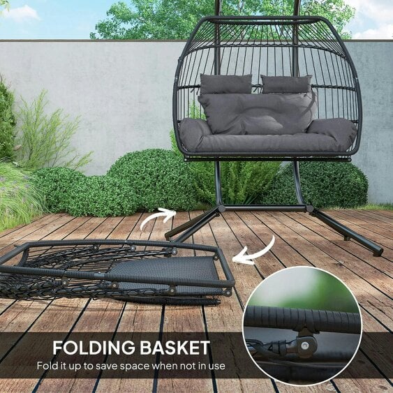Bobobiy Rattan Double Hanging Egg Chair with Stand, Foldable Wicker Swing Egg Chair with Cushion, Steel Frame, Capacity 260 kg, Dark Grey
