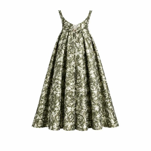 The Sarvin Tala Corset Midi Dress is a sleeveless, fitted dress with a flared skirt. It features green and white gold floral jacquard fabric with a textured look, shown against a plain white background.