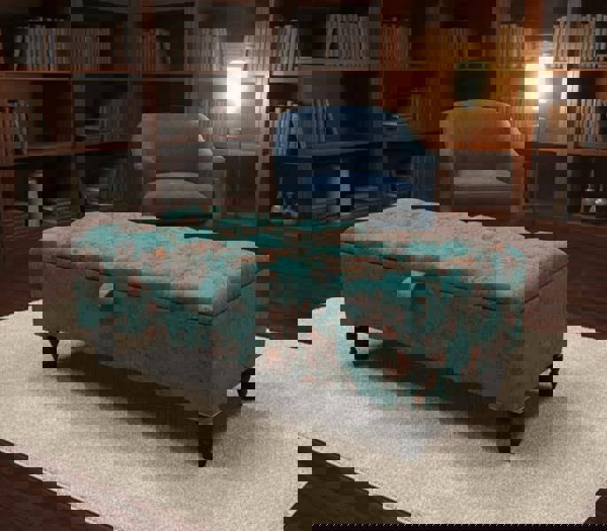 Premium Teal Blue Floral Chenille Footstool – Elegant UK Home Décor - ISTOOLS