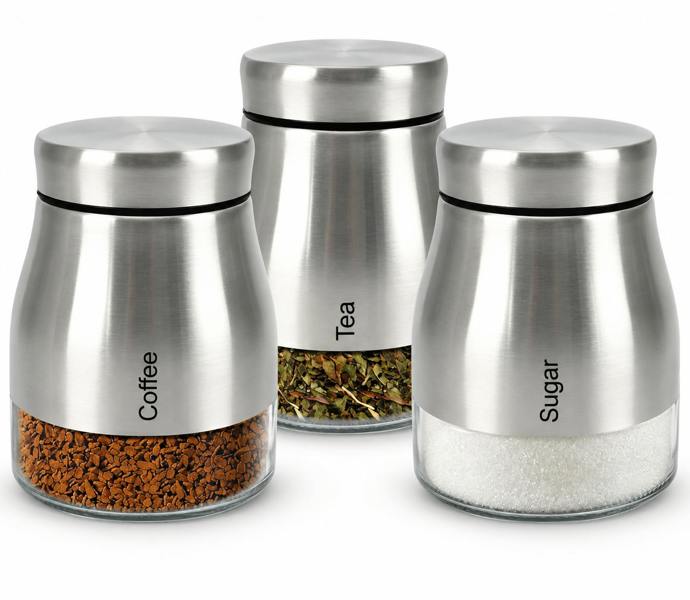 ATEK 3 Piece Tea Coffee Sugar Canister Set Kitchen Storage Jars Silver