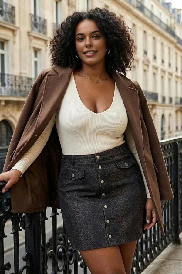 WOVCOR Animal Print Plus Size Denim Skirt