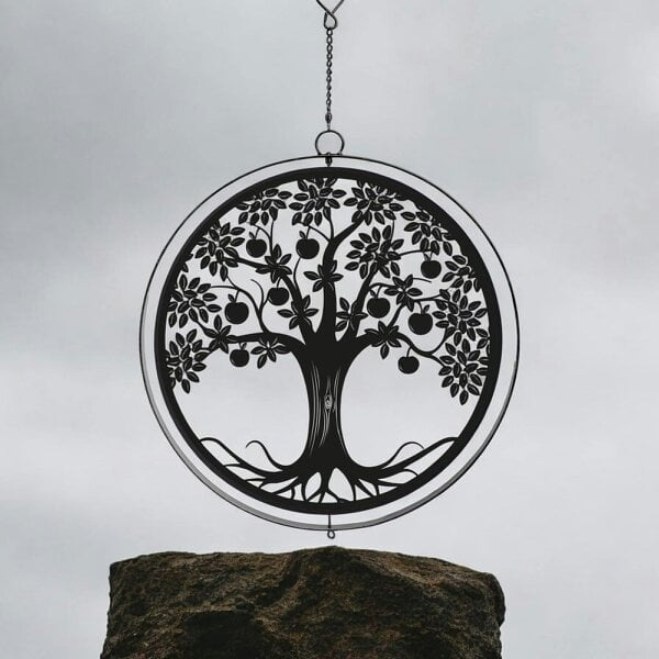 EDH Door Hardware Black Metal Apple Tree Hanging Silhouette Orbit Spinner – 39cm x 23cm | Wind Spinner for Garden, Patio & Home Décor