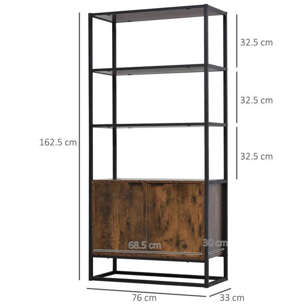 Industrial bookshelf with three open shelves and rustic brown cabinet base, black metal frame