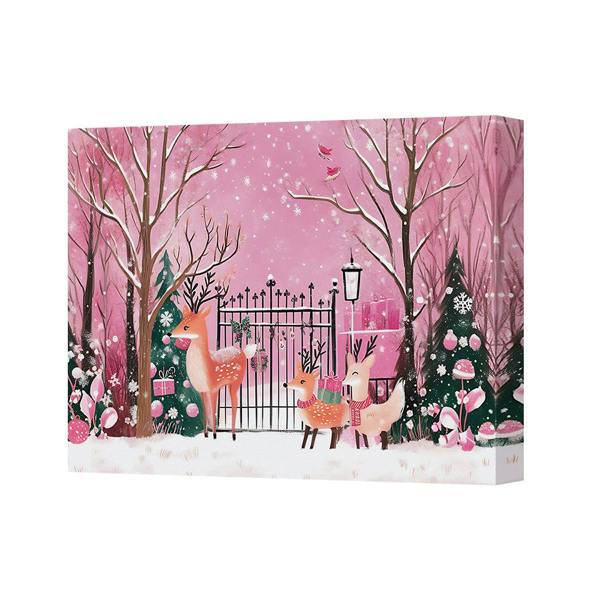 Benjamin Tate Design Pink Winter Deer Family Canvas Wall Art Landscape Print