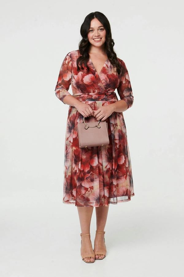 Rust | Curve Floral 3/4 Sleeve Midi Wrap Dress
