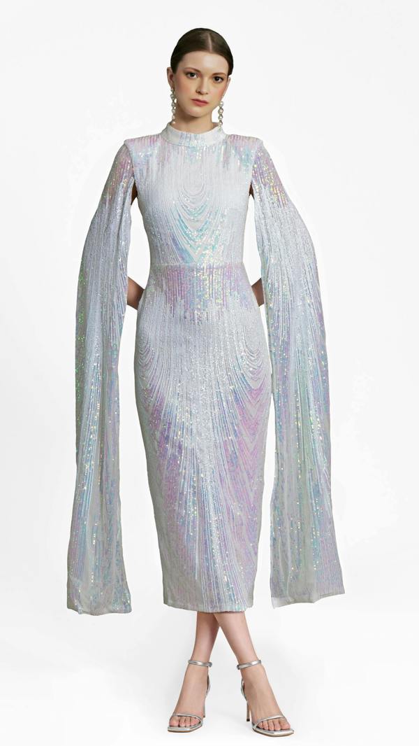LuvForever Alexandra - White Cape Sleeve Sequin Midi Dress