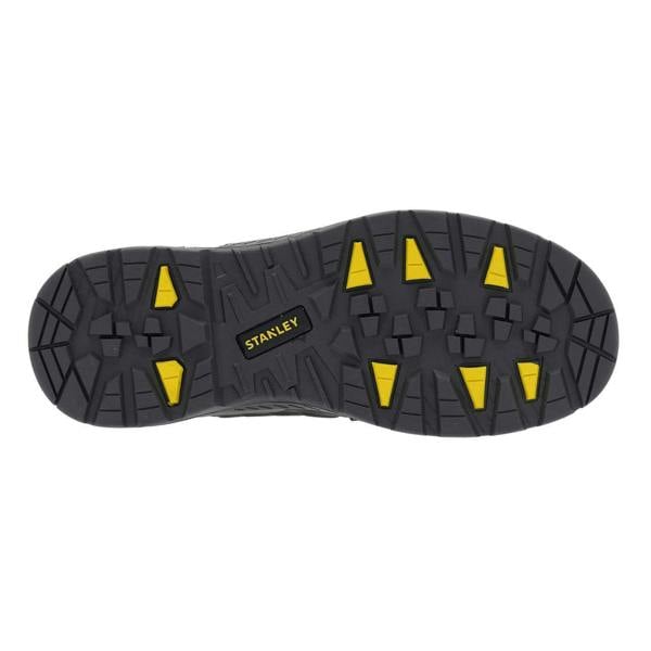 Stanley Michigan Mens Fitgo Lacing System Waterproof S7 Safety Boots, underside view of rugged black and yellow outsole with traction pattern.