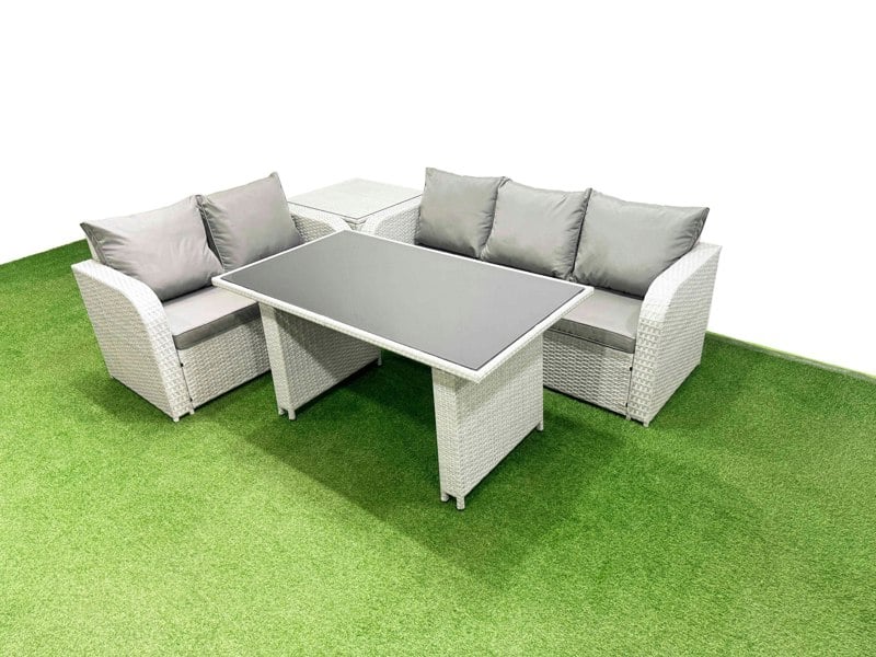 Fimous Garden Furniture Set PE Ratten Garden Sofa Set with Rectangular Dining Table Side Table Light Grey