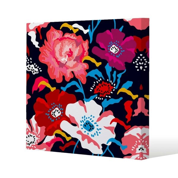 Benjamin Tate Design Bright Flowers on Dark Background Slim Style Canvas Print  20x20cm , 15mm Slim Real wood.