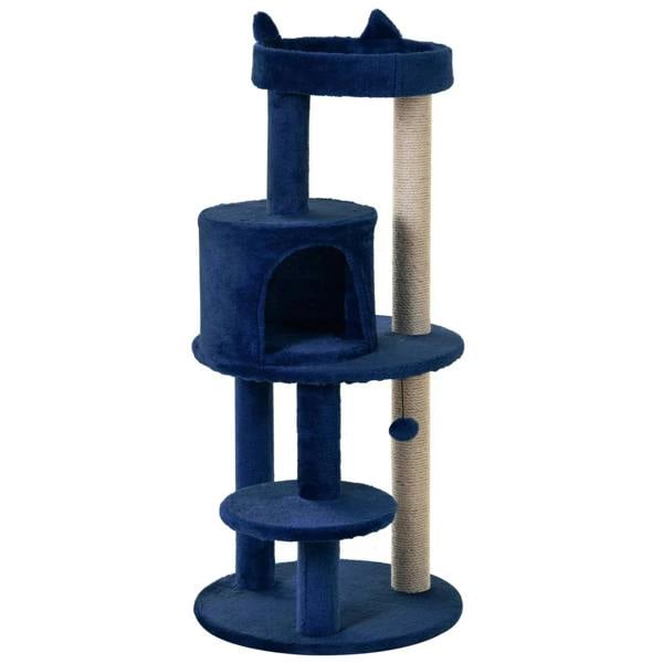 Royal blue plush cat tree with round platforms and an enclosed cubby condo