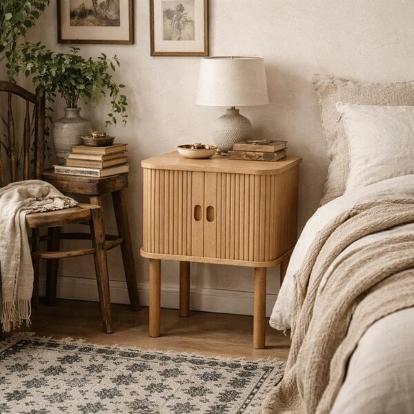 Wyld Haus Copenhagen Natural Oak Wood Etched Square Bedside Table 2 Tambour Doors
