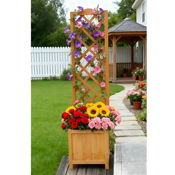 Gr8 Garden Wooden Garden Planter with Trellis Square Outdoor Flower Box for Climbing Plants