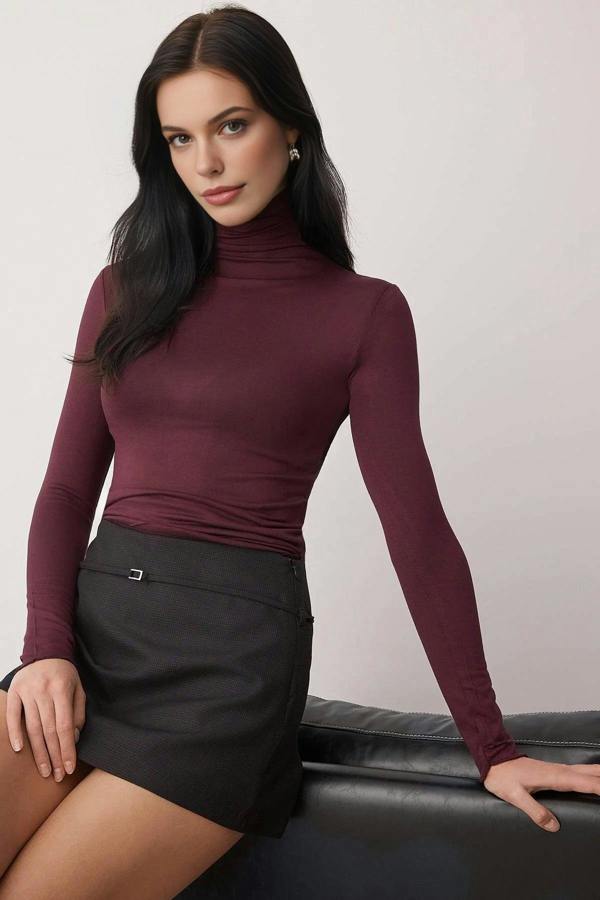 WOVCOR Transparent Stand Collar Flexible Regular Knit Blouse