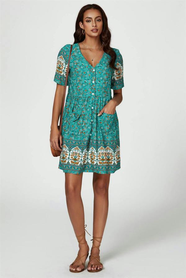 FS Collection Print Boho Mini Dress In Green