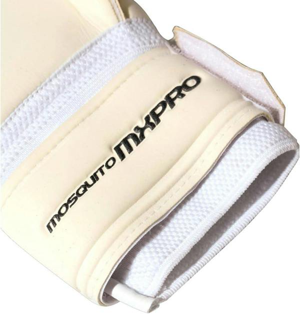 Close-up of Optimum Mosquito MX Pro goalkeeper glove wrist strap with black MX Pro text - Optimum