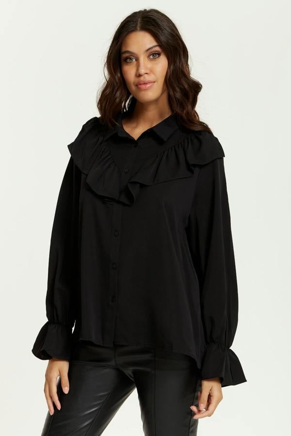 Hoxton Gal Ruffle Detailed Front with Ruffle Sleeves Shirt in Black