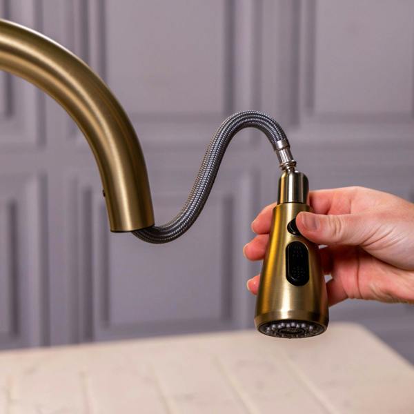 Flode Runda | Kitchen Sink Mixer with Pull out Spray | Brushed Brass | Oval Head