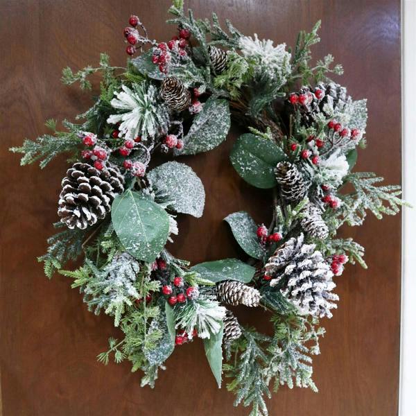 60cm Frosty Green Artificial Christmas Wreath with Snow Effect, Pinecones, Berries and Flowers image 3