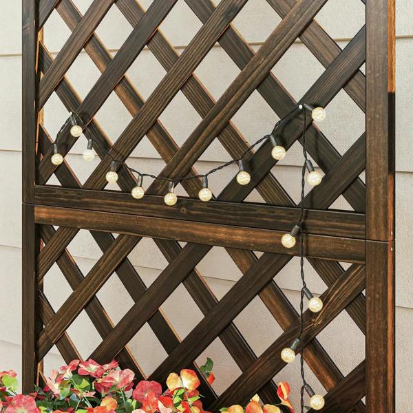 Close-up carbonized wood trellis lattice with string lights and flower bed edge