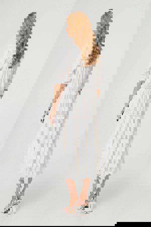 White | Broderie Anglaise Trim Tiered Midi Dress