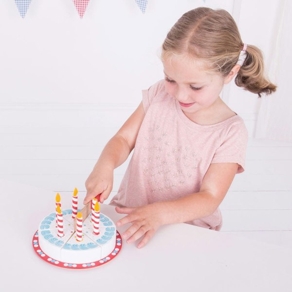 Bigjigs Toys Wooden Birthday Cake Toy - Includes 6 Slices & Cake Slicer