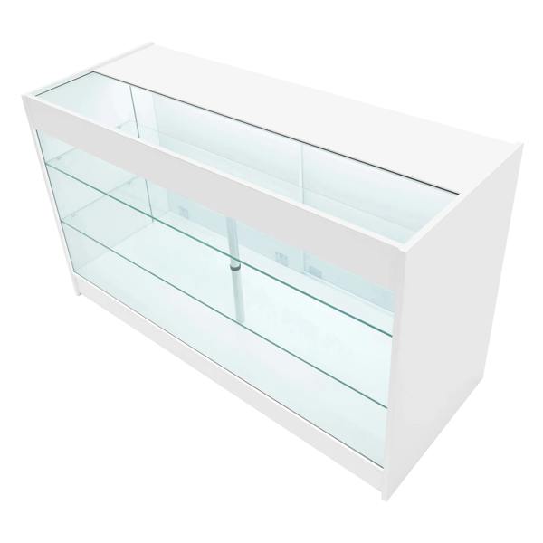 White LED shop counter set featuring sleek glass shelves, modern design, and illuminated display space for showcasing products