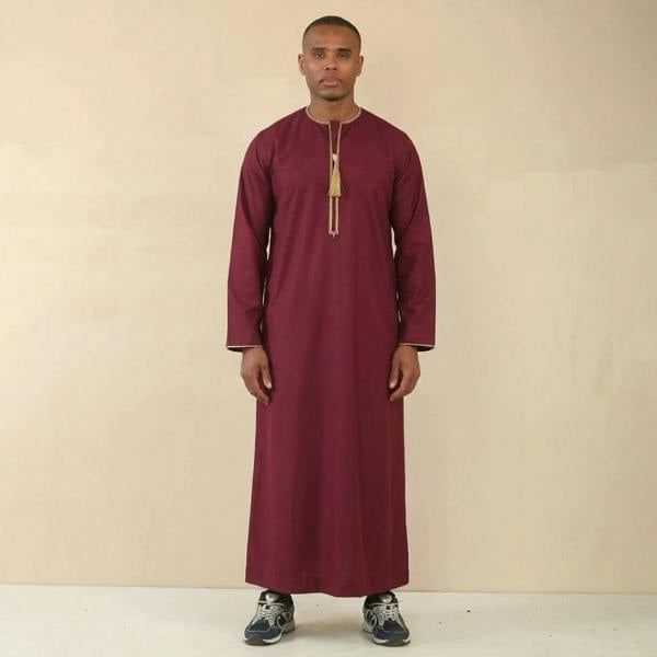 TT-003 - Men's Wine Emirati Omani Tassel Embroidery Thobe - Thobez - 4