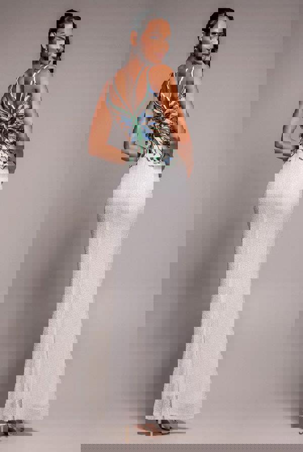 Sequin Butterfly Front Split Maxi Dress - White DR4609