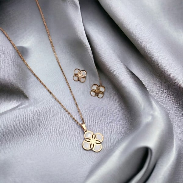 The Colourful Aura White Enamel Minimalistic Clover Pendant Necklace and Earring Set