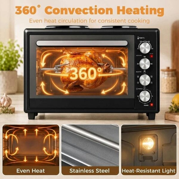 46L Mini Oven with Dual Hot Plates, Electric Countertop Cooker with Convection, 90–230°C Adjustable Temperature
