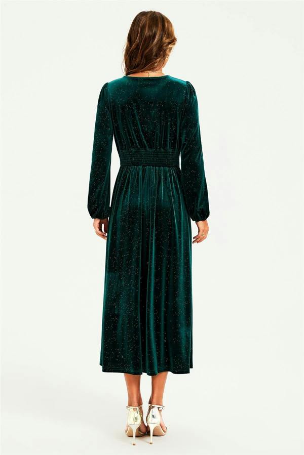 FS Collection Silver Foil Velvet Lace Trim Neckline Midi Dress In Green