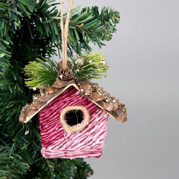 10x11cm Pink Burgundy Birdhouse Hanging Decoration Set, 3 Pack Fairy Tale Tree Ornaments image 2