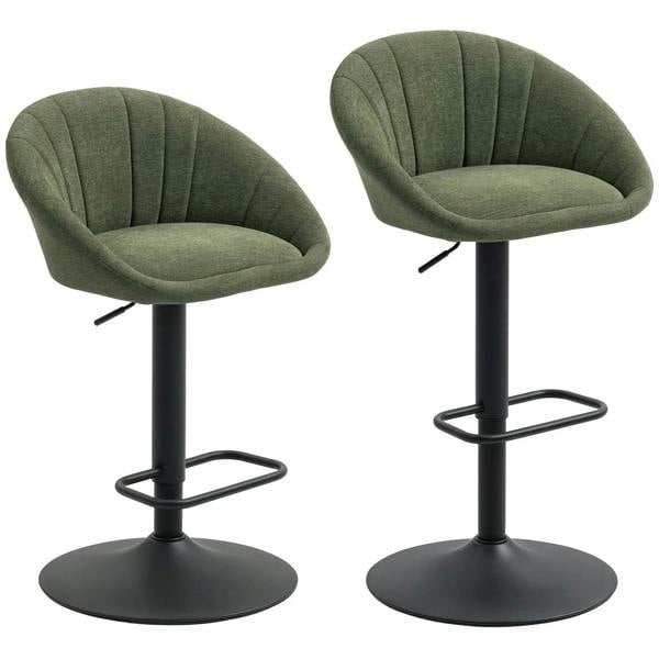 Set of two dark green upholstered tub bar stools with black pedestal and footrests