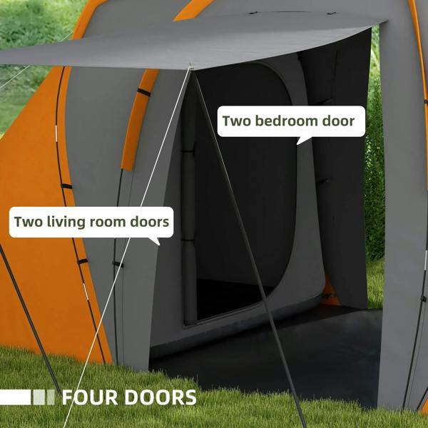 Tunnel tent entrance with two living-room doors and two bedroom door openings