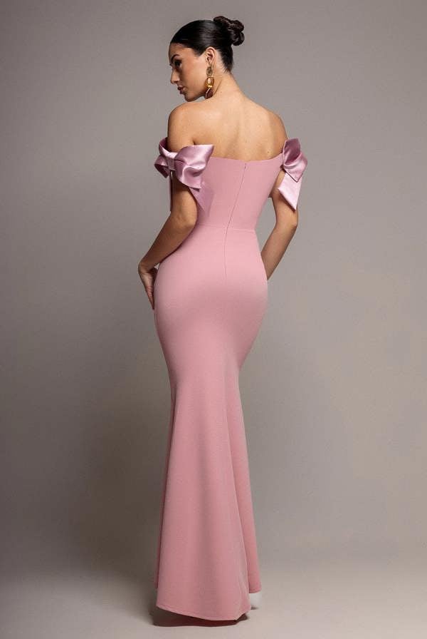 Satin Bow Bardot Sheath Maxi Dress - Blush Pink DR4999