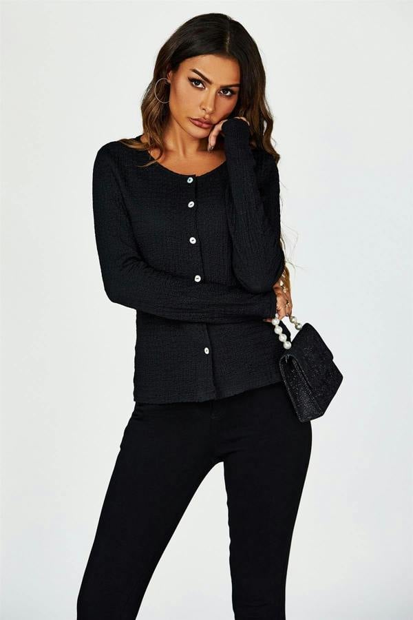 FS Collection Button Down Ruched Stretch Long Sleeves Top In Black