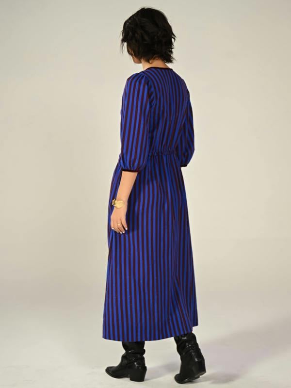 Rose & Nancy Isla Hand Smocked Blue And Burgundy Stripe Midi Dress
