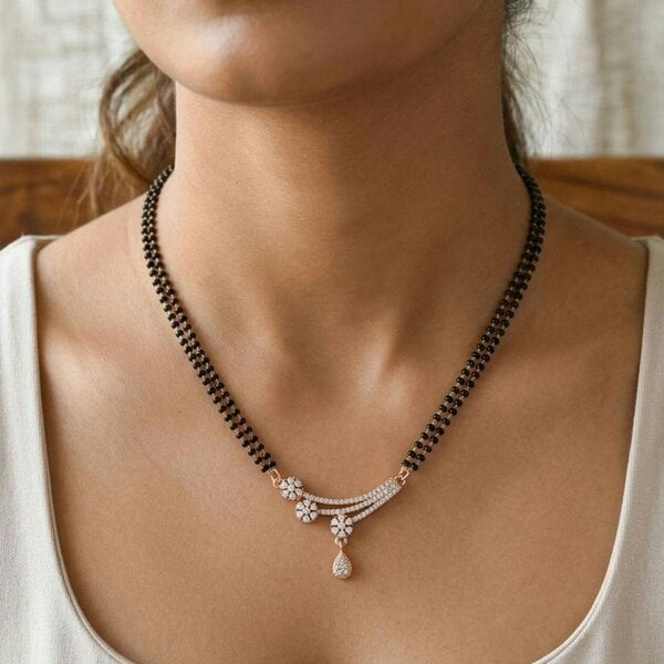 The Colourful Aura Rose Gold CZ Crystal Floral Spray Mangalsutra Black Bead Necklace