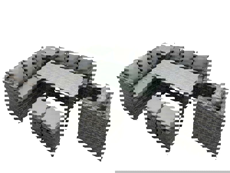 Fimous 9 Seater Outdoor Corner Sofa Chair Dining Table Set Garden Rattan Furniture Set with Side Table 2 Small Stools Dark Grey