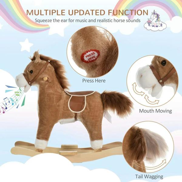 Kids brown plush rocking horse with white muzzle, plush body on wooden rockers, close-up