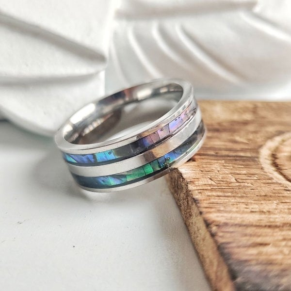 The Colourful Aura 8mm Stainless Steel Unisex Wedding  Sea Shell Silver Ring Bands