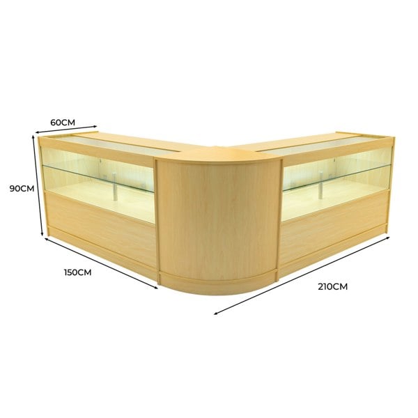 Curved maple LED shop counter set with glass display, measuring 60cm high, 150cm wide, and 210cm long, ideal for retail spaces