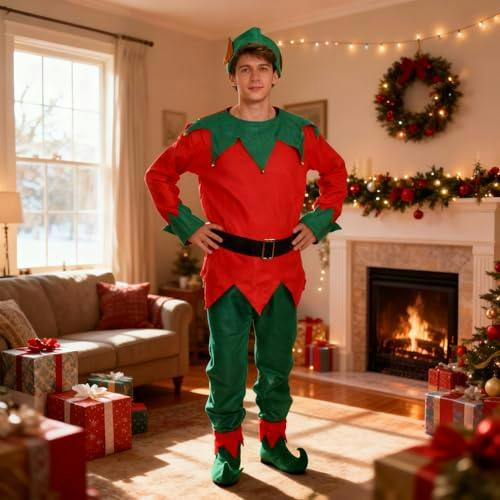 One Size Adult Unisex Christmas Elf Fancy Dress Costume with Hat, Shoes, Belt and Trousers image 4