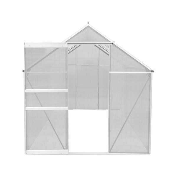 Silver polycarbonate greenhouse measuring 6ft x 10ft, featuring double doors and a sturdy frame, ideal for gardening and plant growth