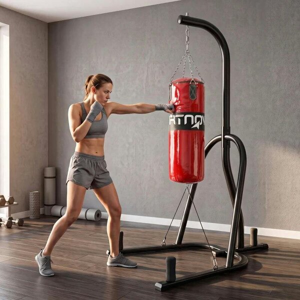 Punching Bag with Stand for Adults, Freestanding Boxing Stand with Heavy Bag and Weight Plate Storage, Red