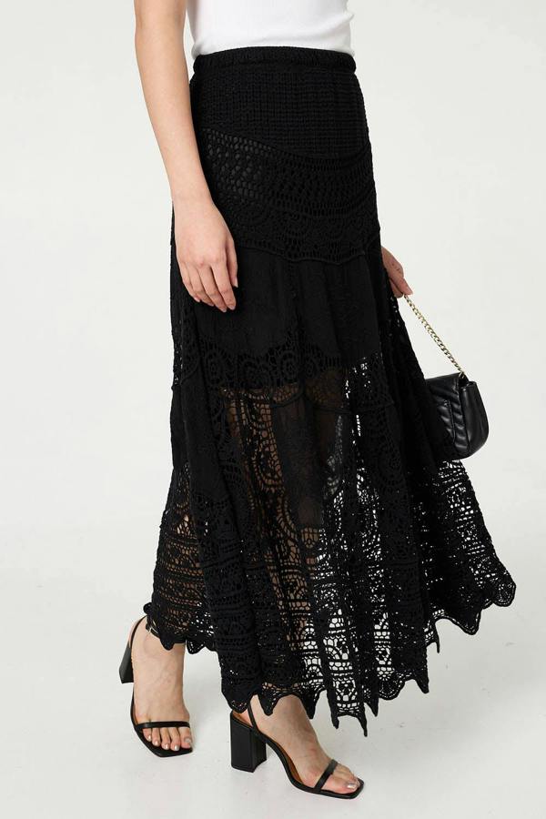 Black | Floral Crochet Mesh Layered Maxi Skirt