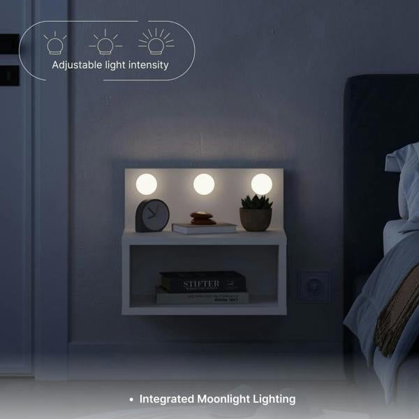 Decortie Floating Bedside Table with 3 LED Lights 30cm Modern Wall-mounted Open Shelf for Storage, Bedroom