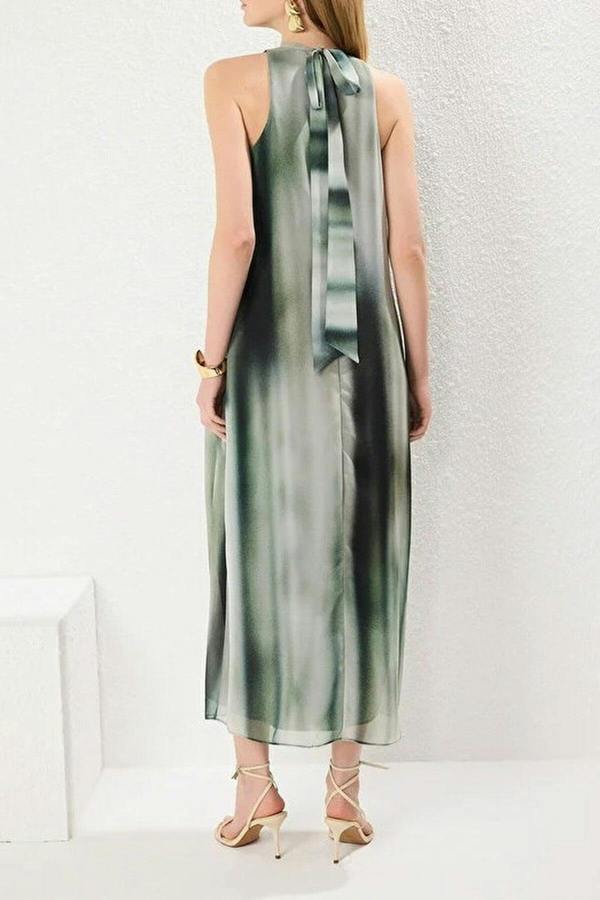 WOVCOR Abstract Patterned Straight Cut Maxi Woven Dress with Tie Detail
