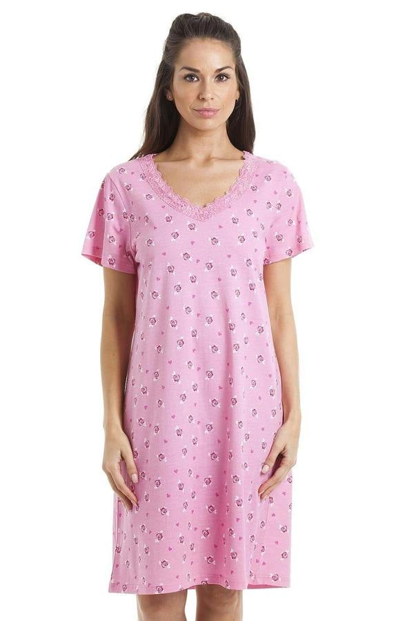 Pink Floral And Heart Print Light Pink Cotton Nightdress