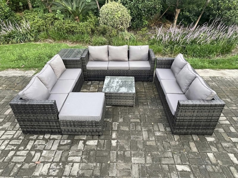 Fimous Outdoor Rattan Garden Furniture Set 10 Seater Patio Lounge Sofa Set with Side Table Square Coffee Table Big Footstool Dark Grey Mixed